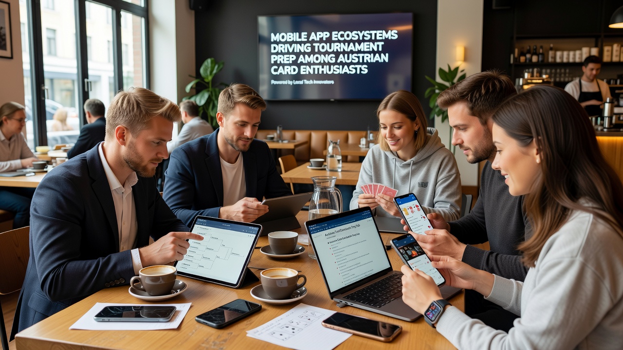 Group of Austrian enthusiasts analyzing tournament scenarios on tablets and phones